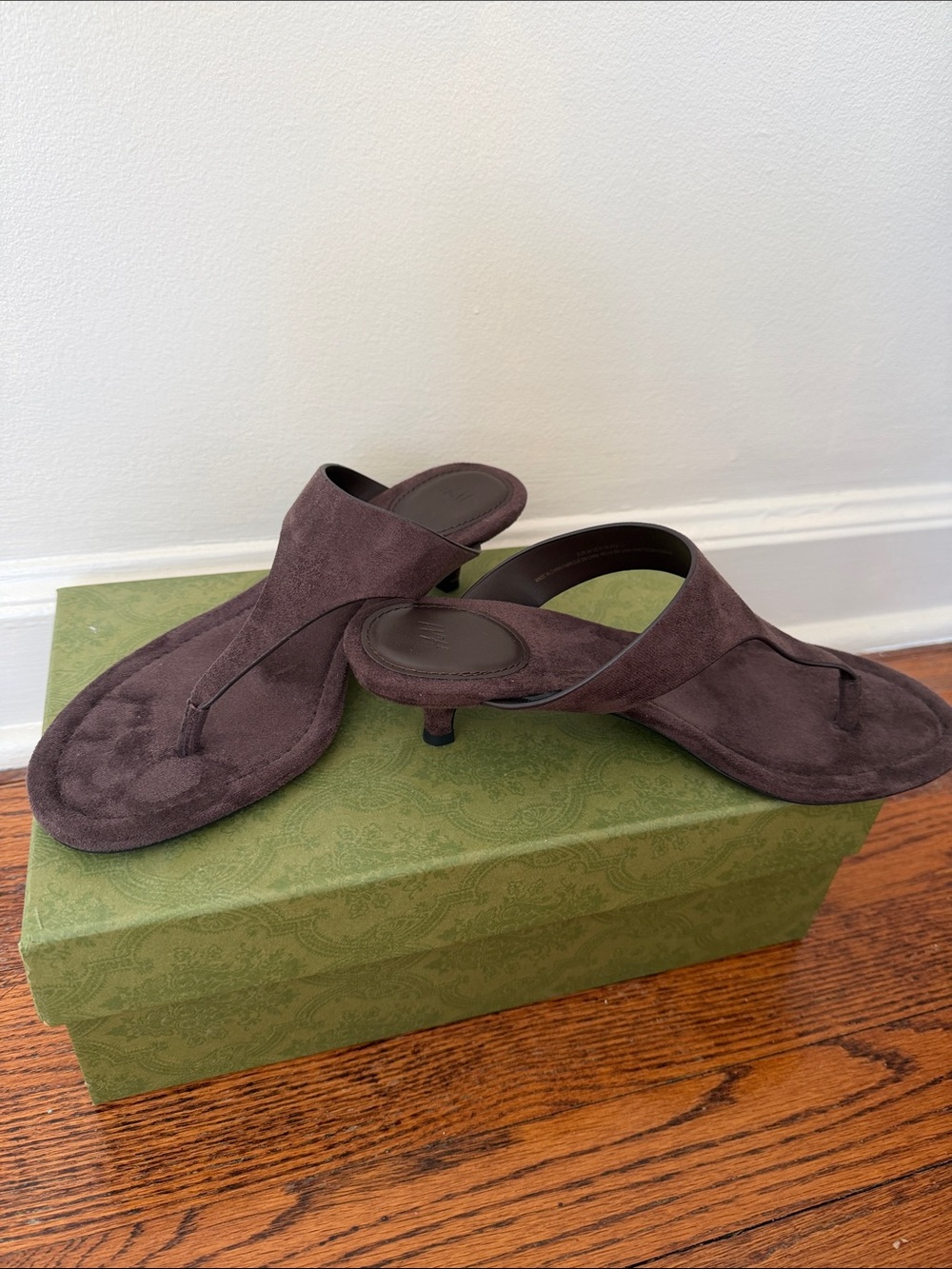 H&M Dark Brown Suede Thong Kitten-Heel Mules